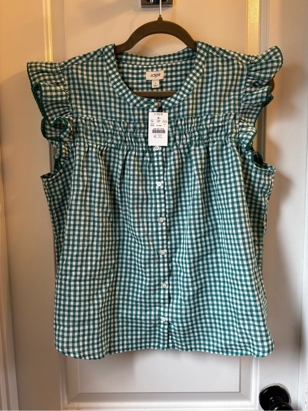 NWT! JCrew Green Gingham Flutter-Sleeve Blouse Size Large - Picture 2 of 4
